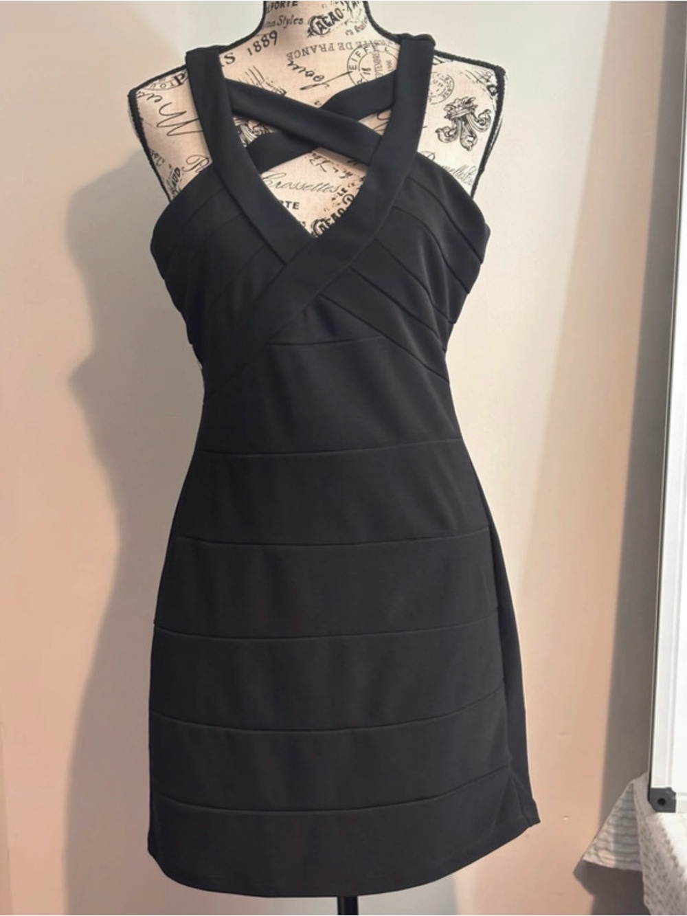 Crystal Doll Black Crisscross Halter Bandage Mini Dress